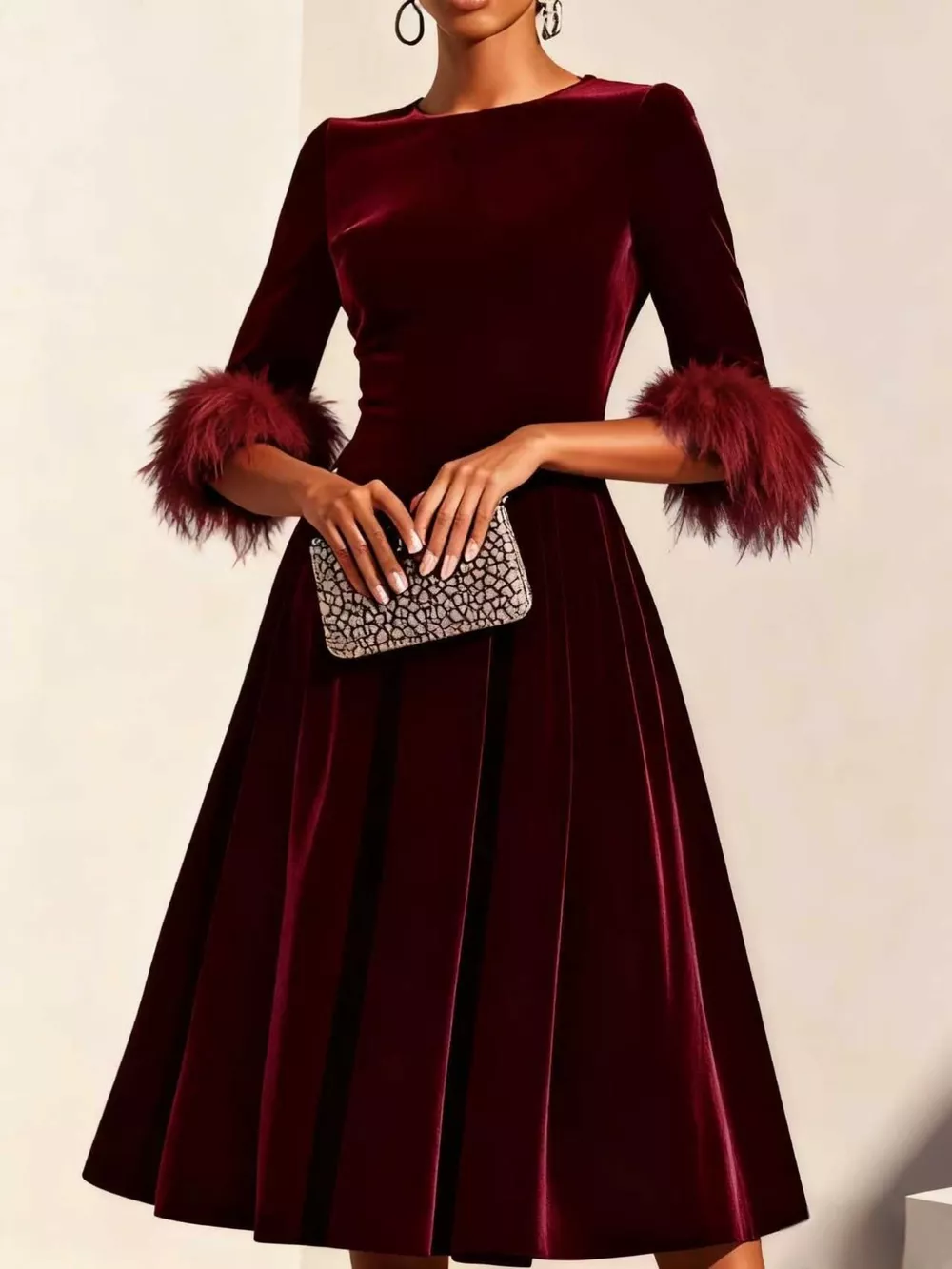 Velvet Midi Dress with Feather Cuffs, image 6