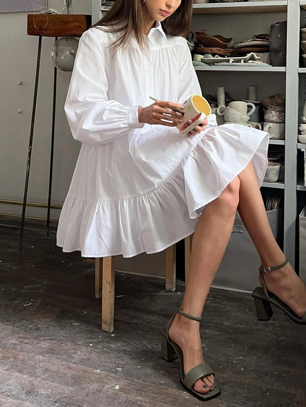 Tiered Long Sleeve Shirt Dress, image 8