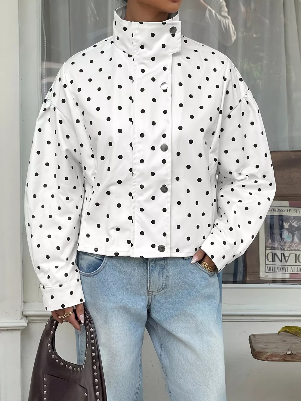 Polka Dot Zip Up Cropped Jacket, image 3