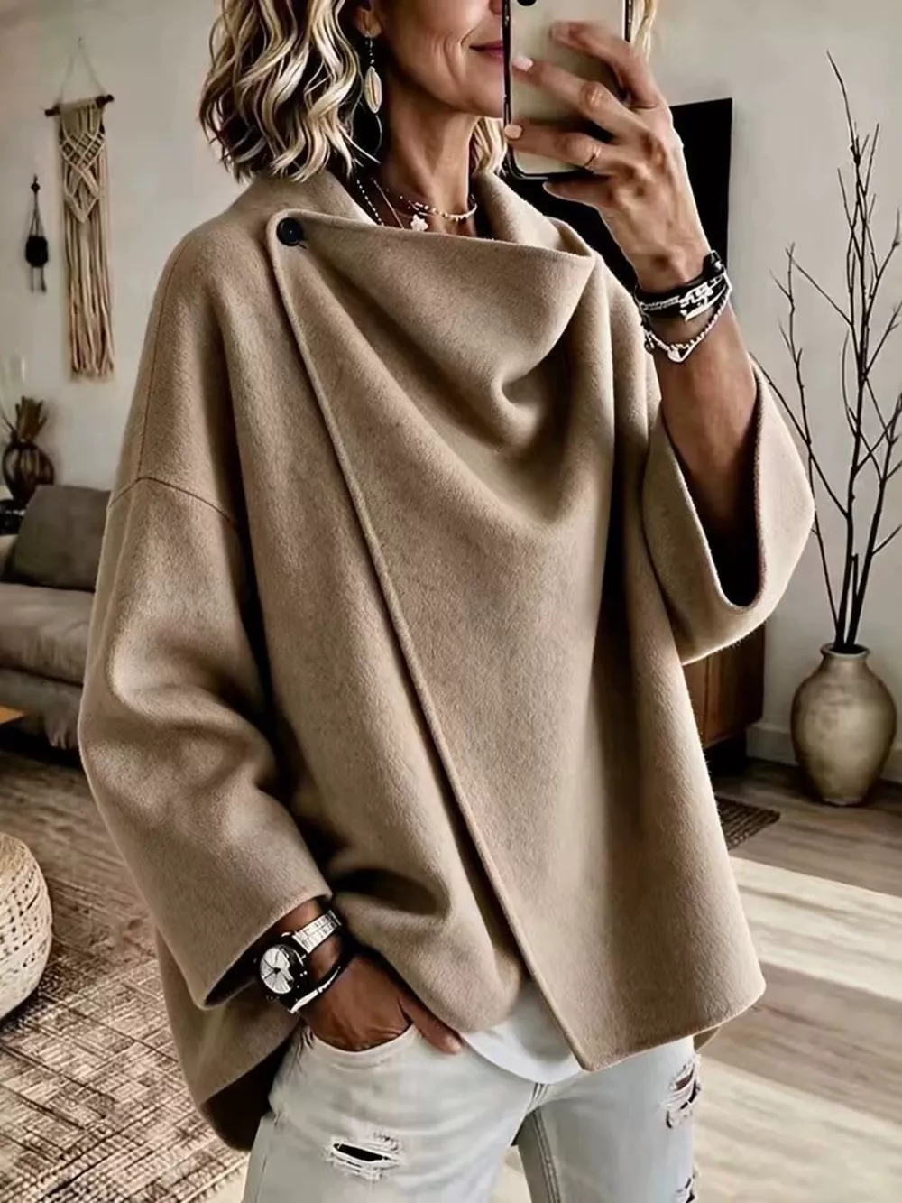 Full Size Asymmetric Button-Up Cape Outerwear Plus Size, image 9