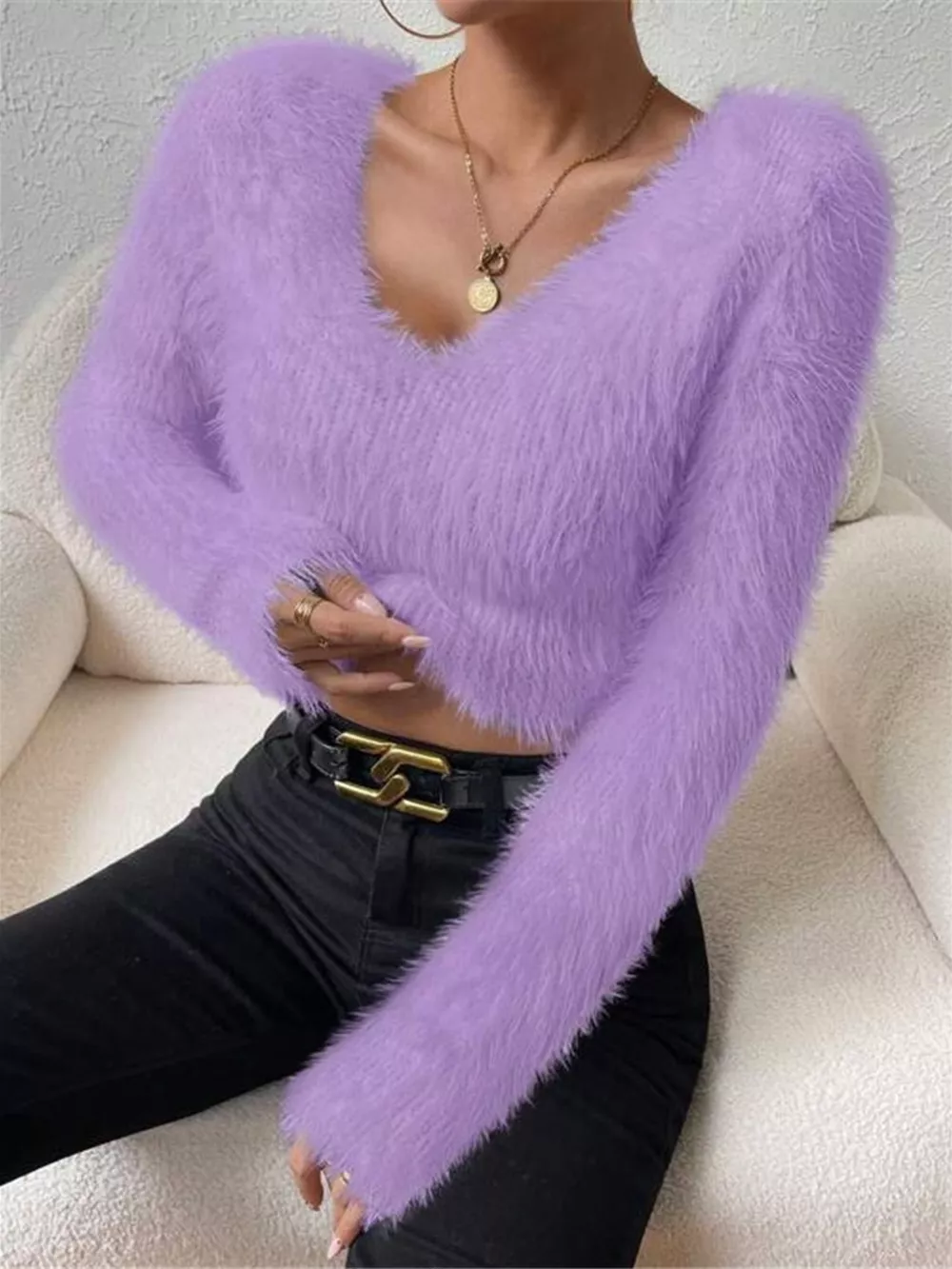 Fluffy Knit V-Neck Sweater, image 10