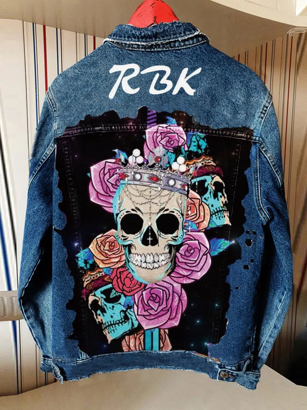 Full Size Skull and Rose Graphic Denim Jacket Plus Size, image 5