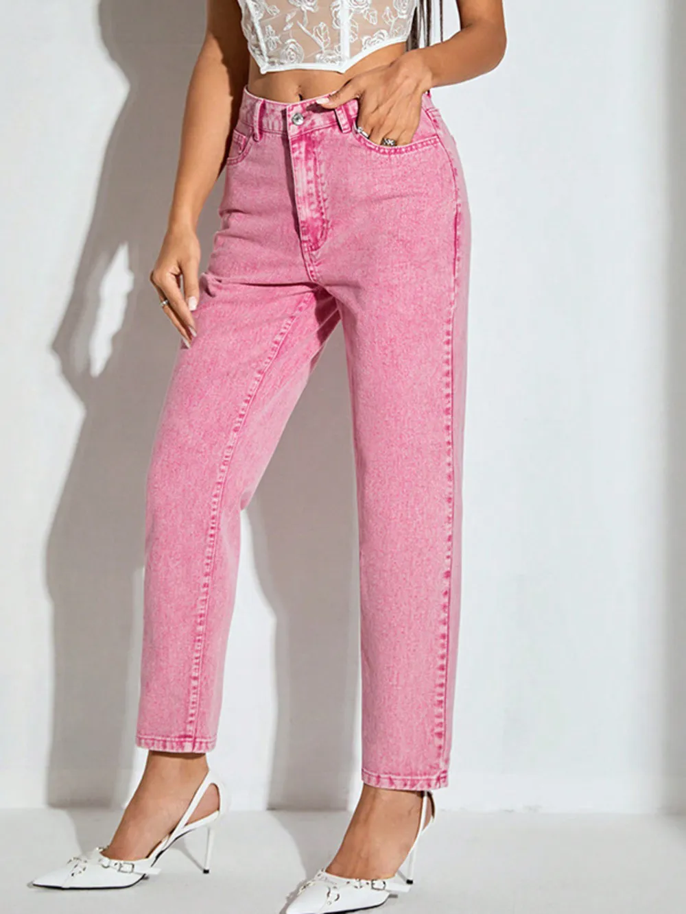 High-Waisted Wash Straight Leg Jeans, image 4