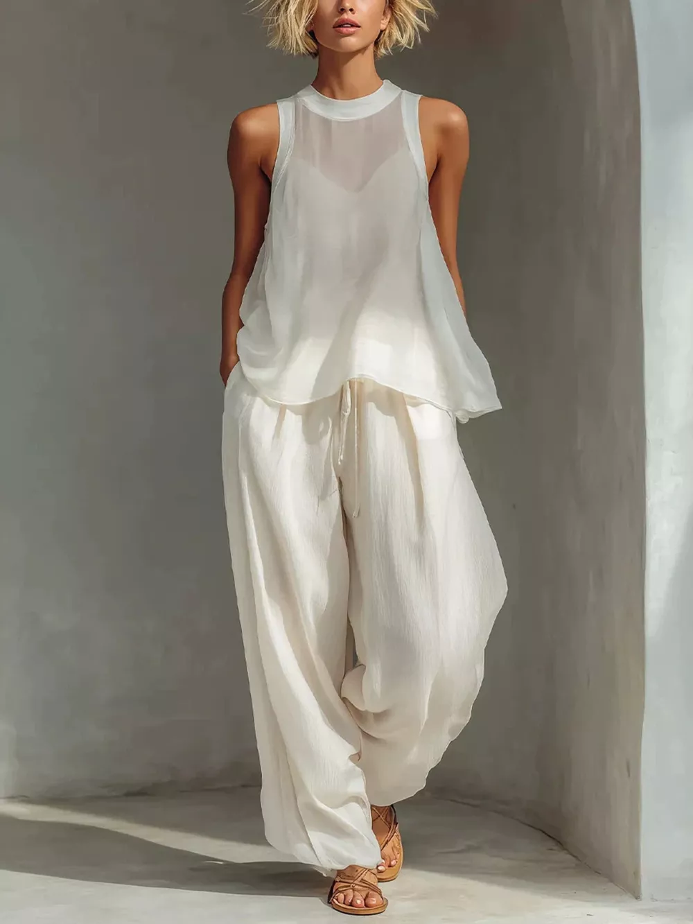 Full Size Sheer Sleeveless Top and Wide-Leg Pants Set Plus Size