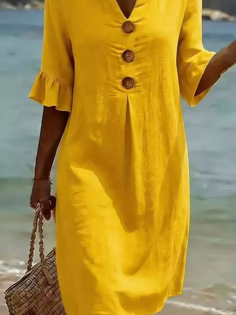 Full Size Decorative Button Ruffle Half Sleeve Dress Plus Size, image 17