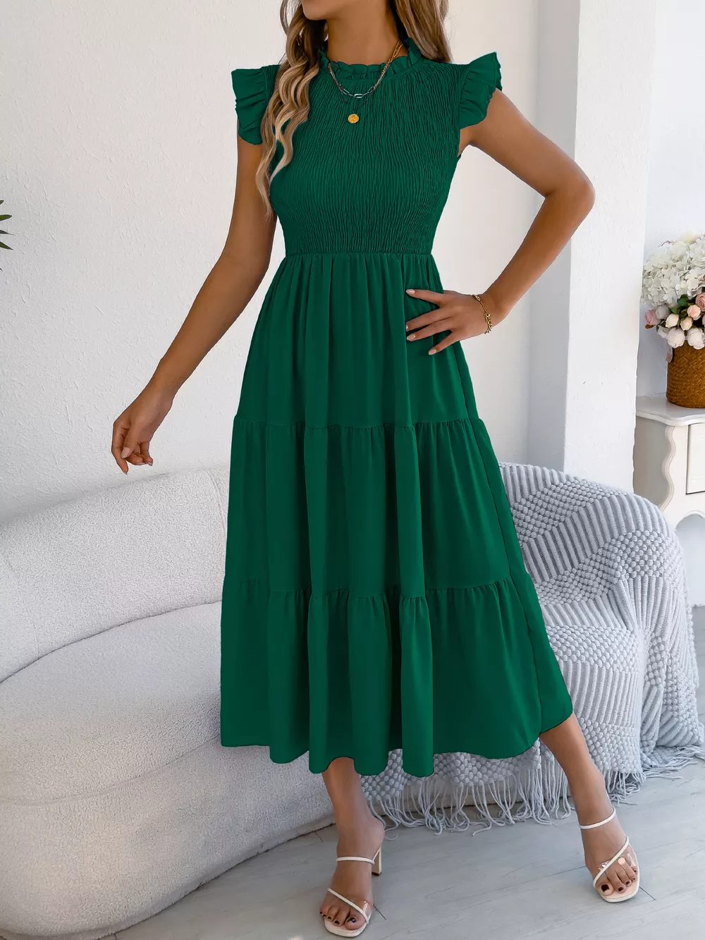 Smocked Ruffled Cap Sleeve Dress, image 5