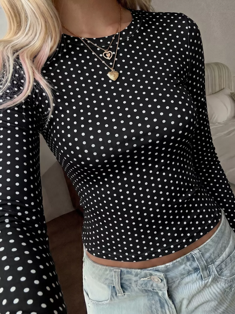 Long Sleeve Polka Dot Slim Fit T-Shirt, image 9