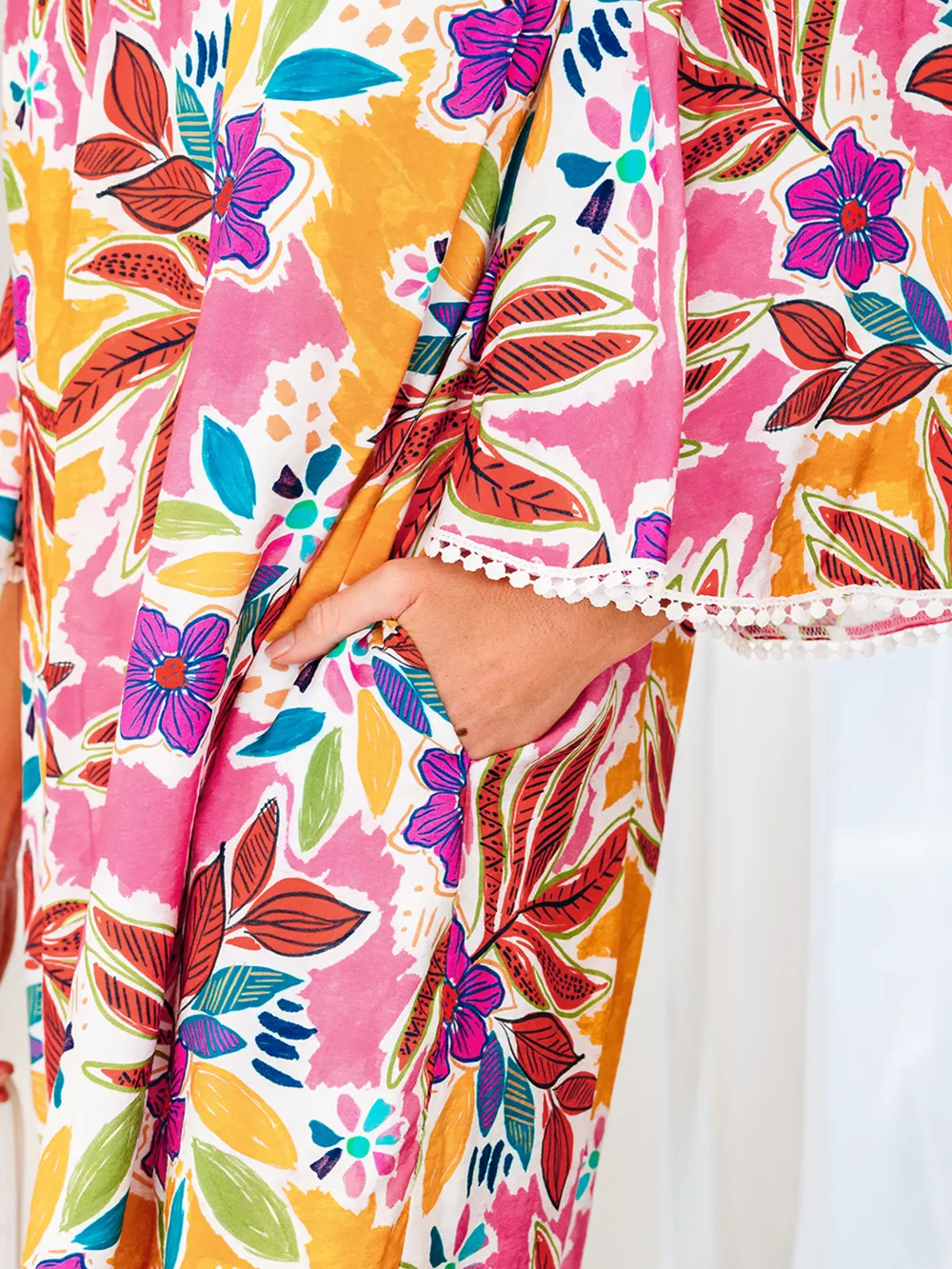 Floral Print Lace Trimmed Tie Back Bell Sleeve Swing Mini Dress, image 5