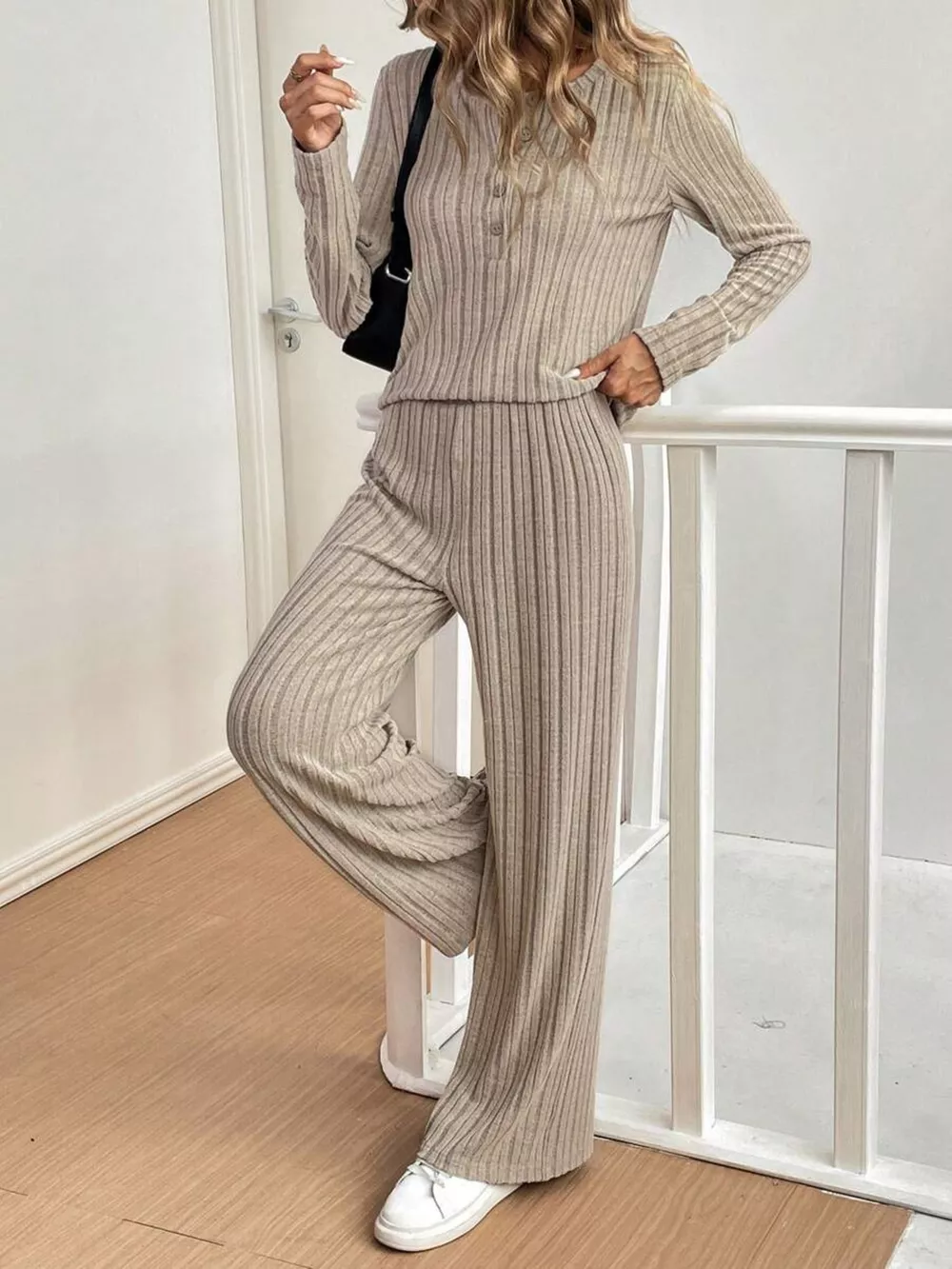 Button Detail Long Sleeve Top and Pants Set, image 5