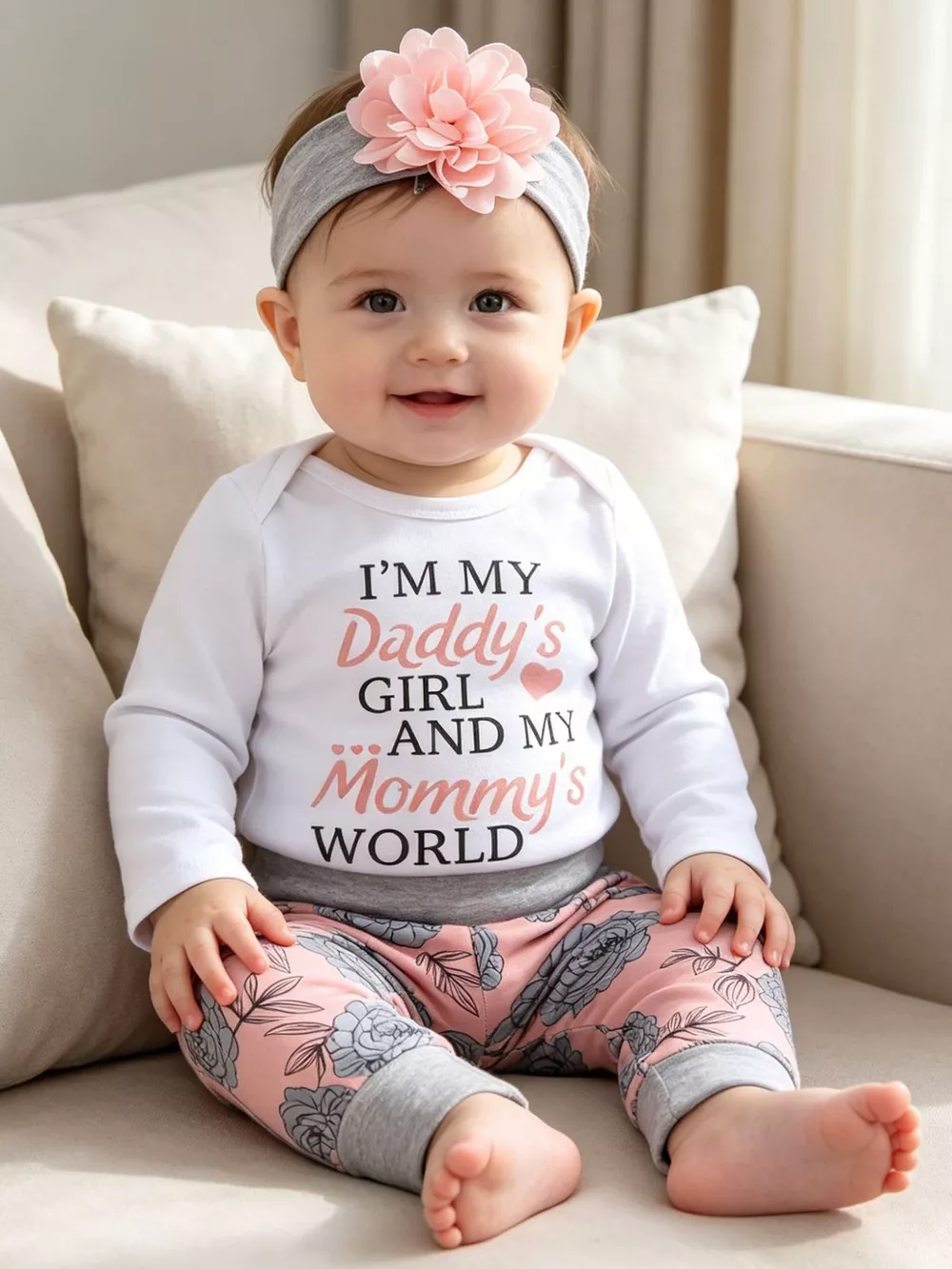 Children's Letter Graphic Bodysuit and Floral Pants Set with Headband and Hat