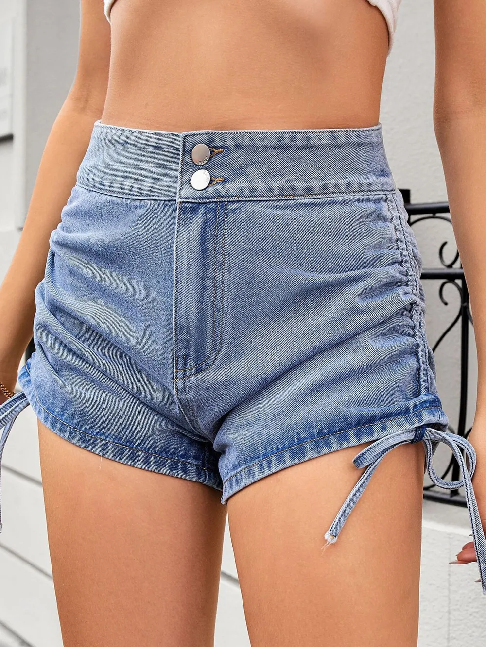 Ruched Side Drawstring Denim Shorts, image 5