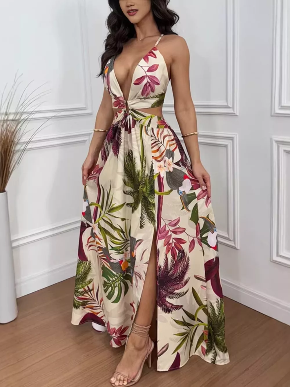 Tropical Print Plunge Cutout Slit Maxi Dress, image 2
