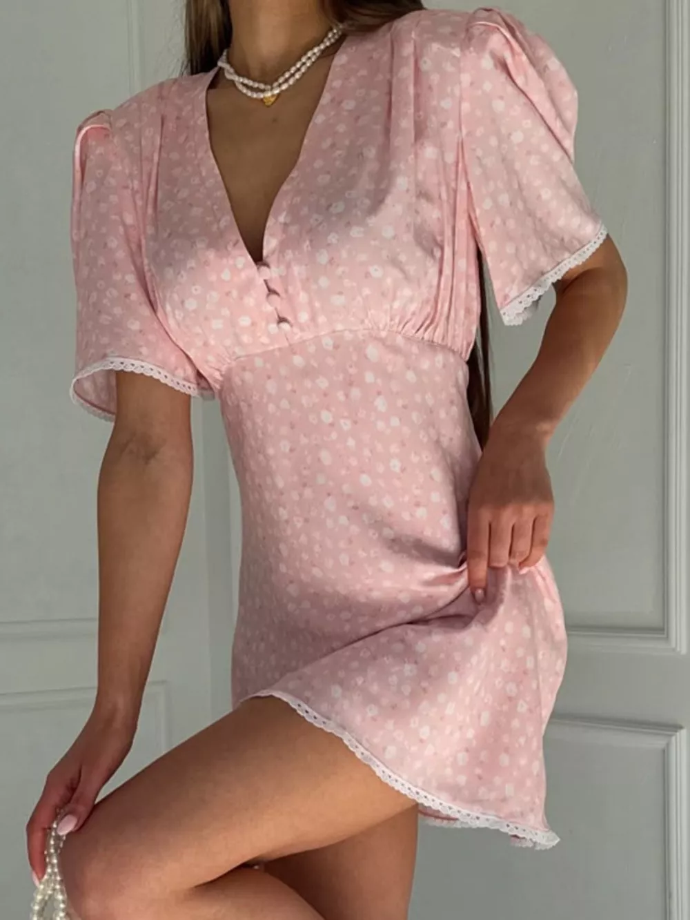 V-Neck Puff Sleeve Mini Dress with Lace Trim, image 3