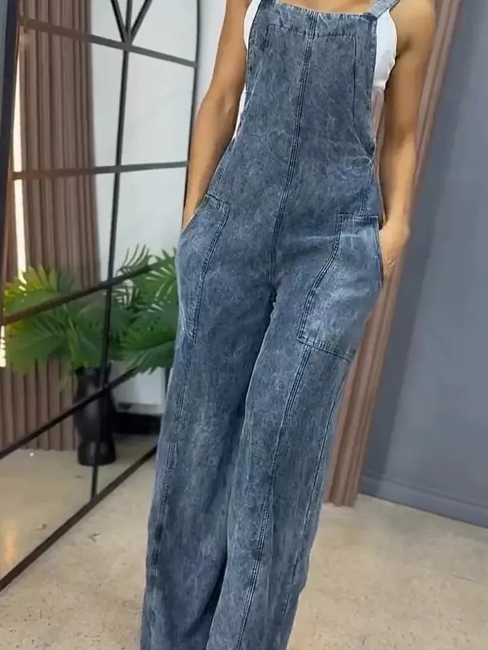 Full Size Vintage Wash Wide Leg Denim Overalls Plus Size, image 5