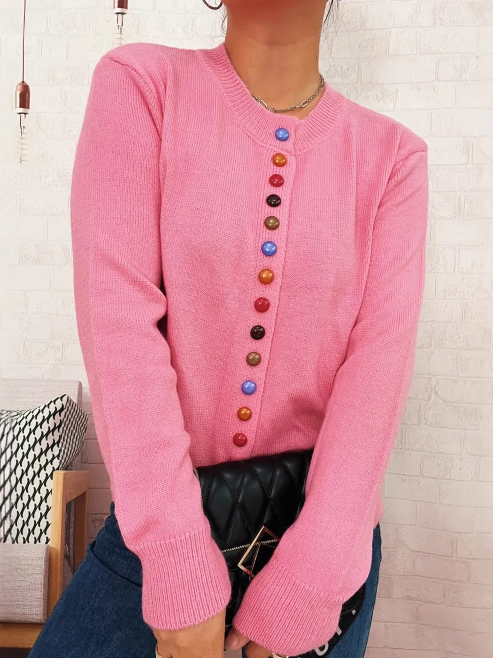 Button-Front Cardigan with Colorful Detail Buttons, image 2