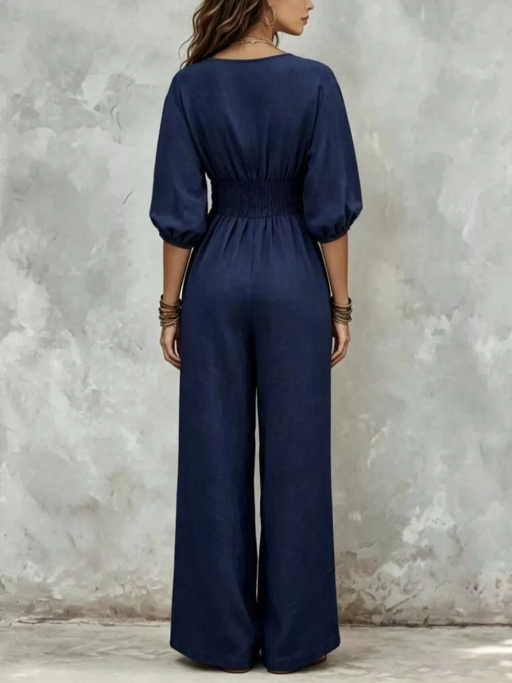 V-Neck Smocked Waist Wide-Leg Jumpsuit, image 4
