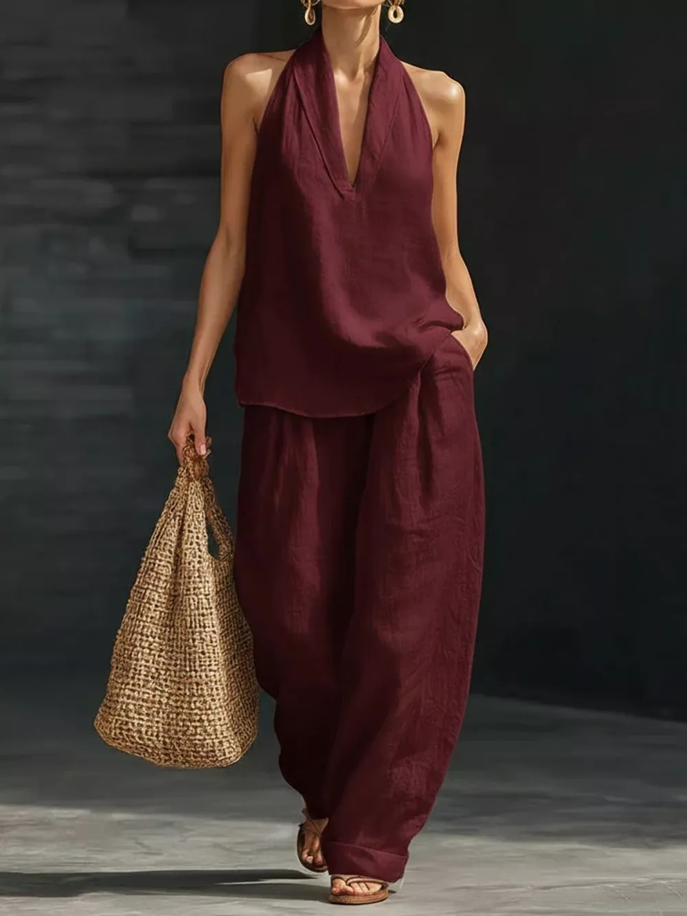 Full Size Halter Neck Top and Wide Leg Pants Set Plus Size, image 12