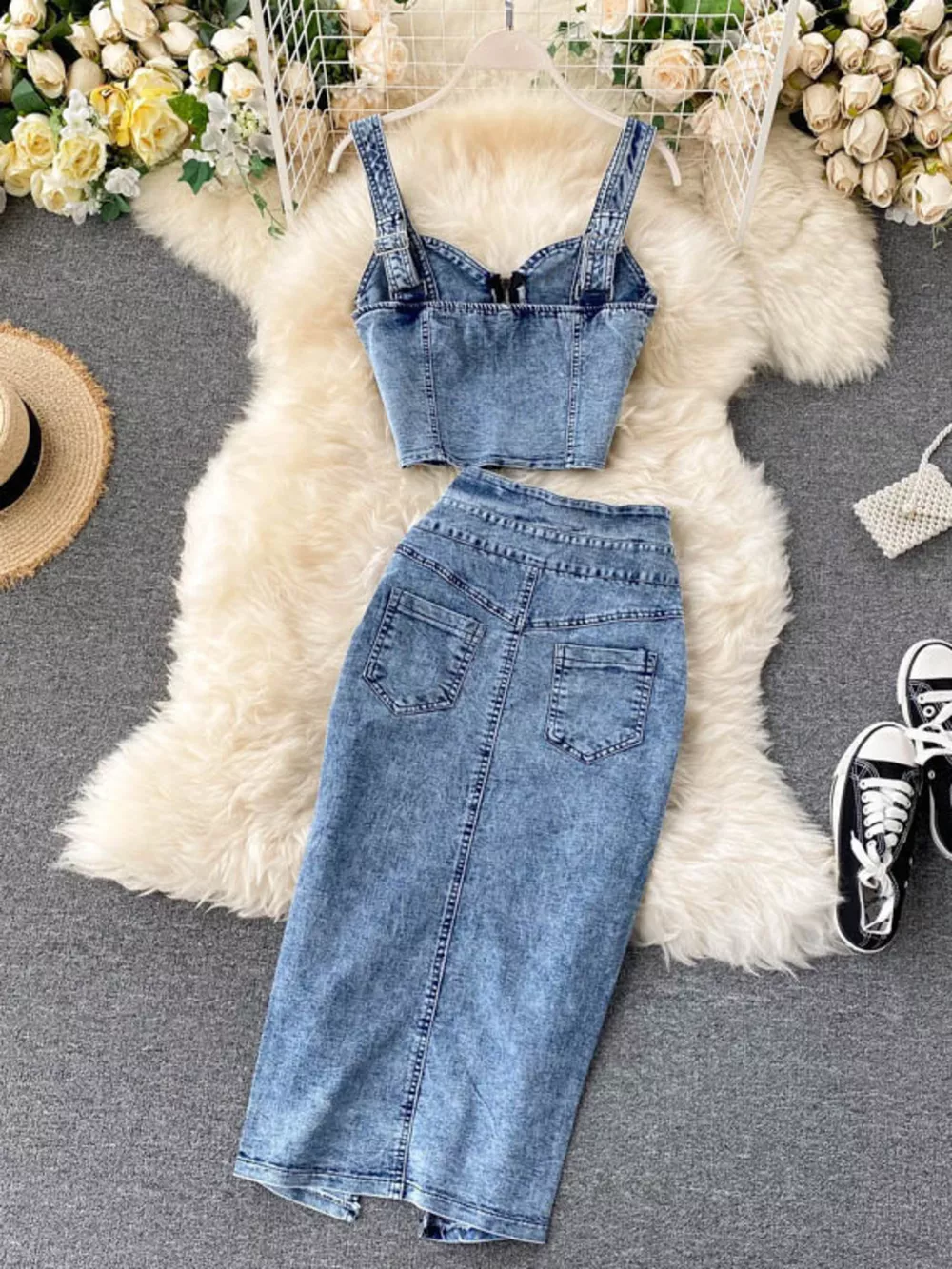 Zipper Top & Button Slit Skirt Denim Set, image 2