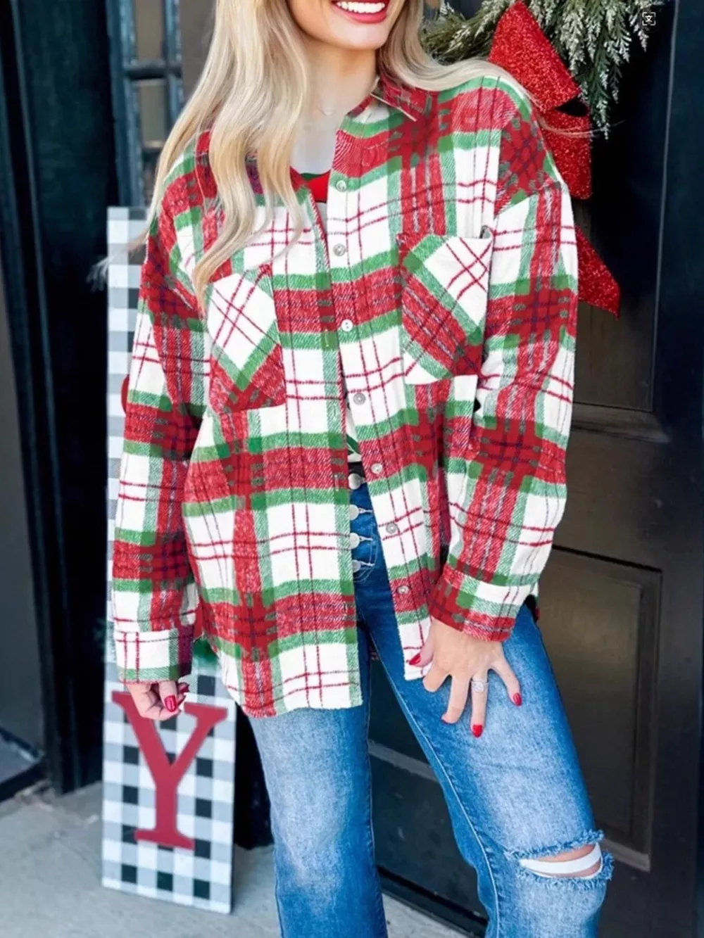 Plaid Button-Down Long Sleeve Shacket, image 2