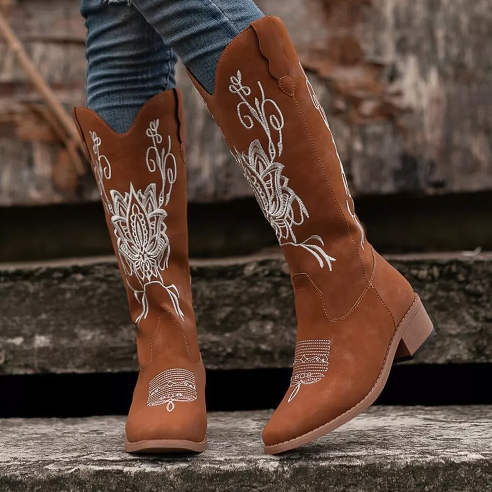 Embroidered Block Heels Boots, image 3