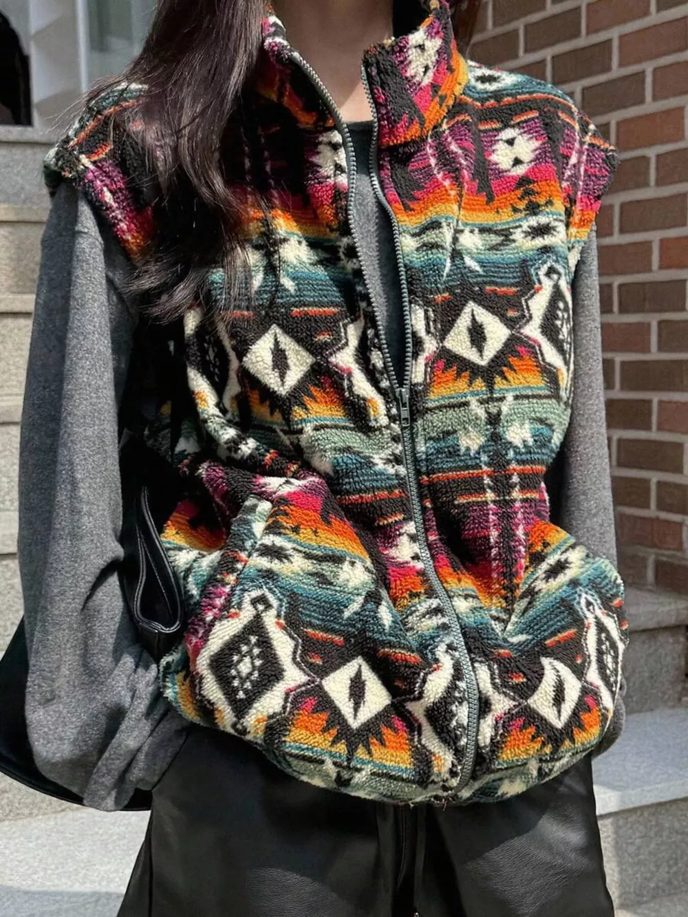 Geometric Fleece Vest Coat, image 3