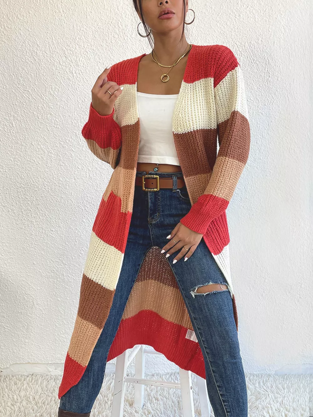 Striped Color Block Open Front Knit Cardigan, image 4