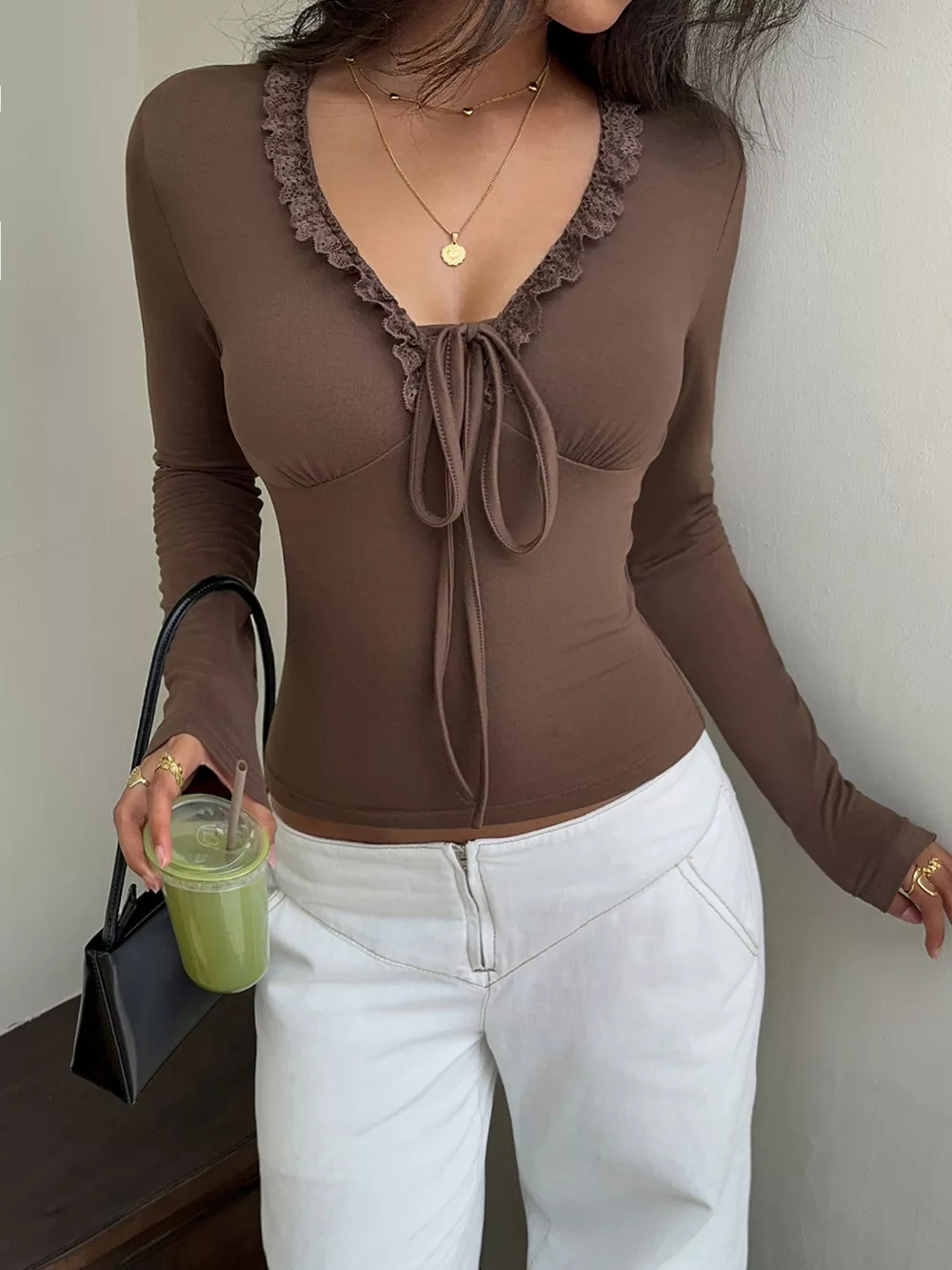 Lace-Trimmed V-Neck Long Sleeve T-Shirt, image 2