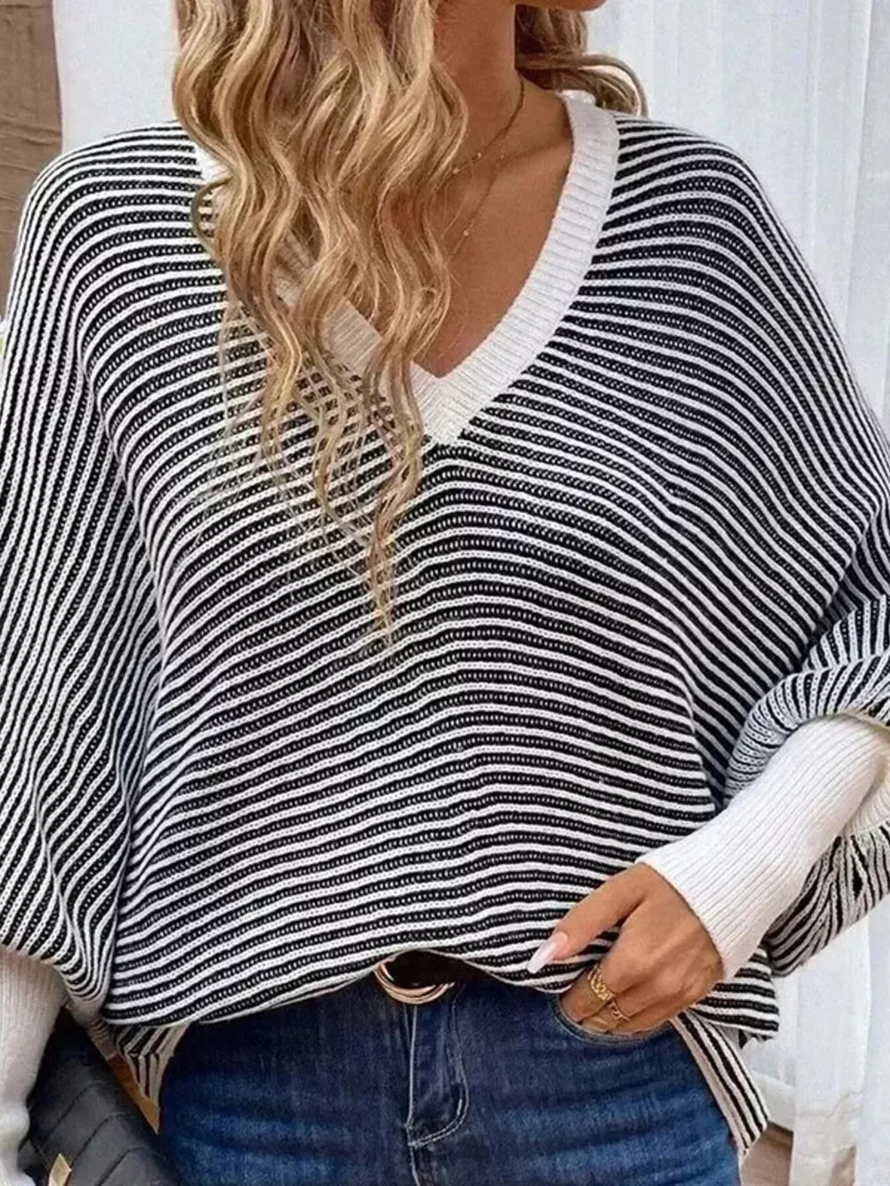 V-Neck Striped Batwing Sleeve Sweater, image 4