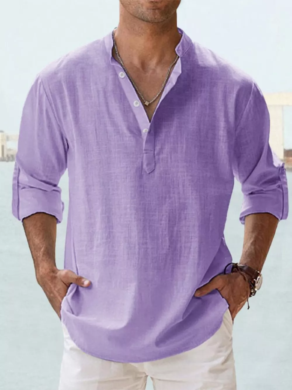 Men's Full Size Casual Button Detail Roll-Up Sleeve Blouse Plus Size, image 4