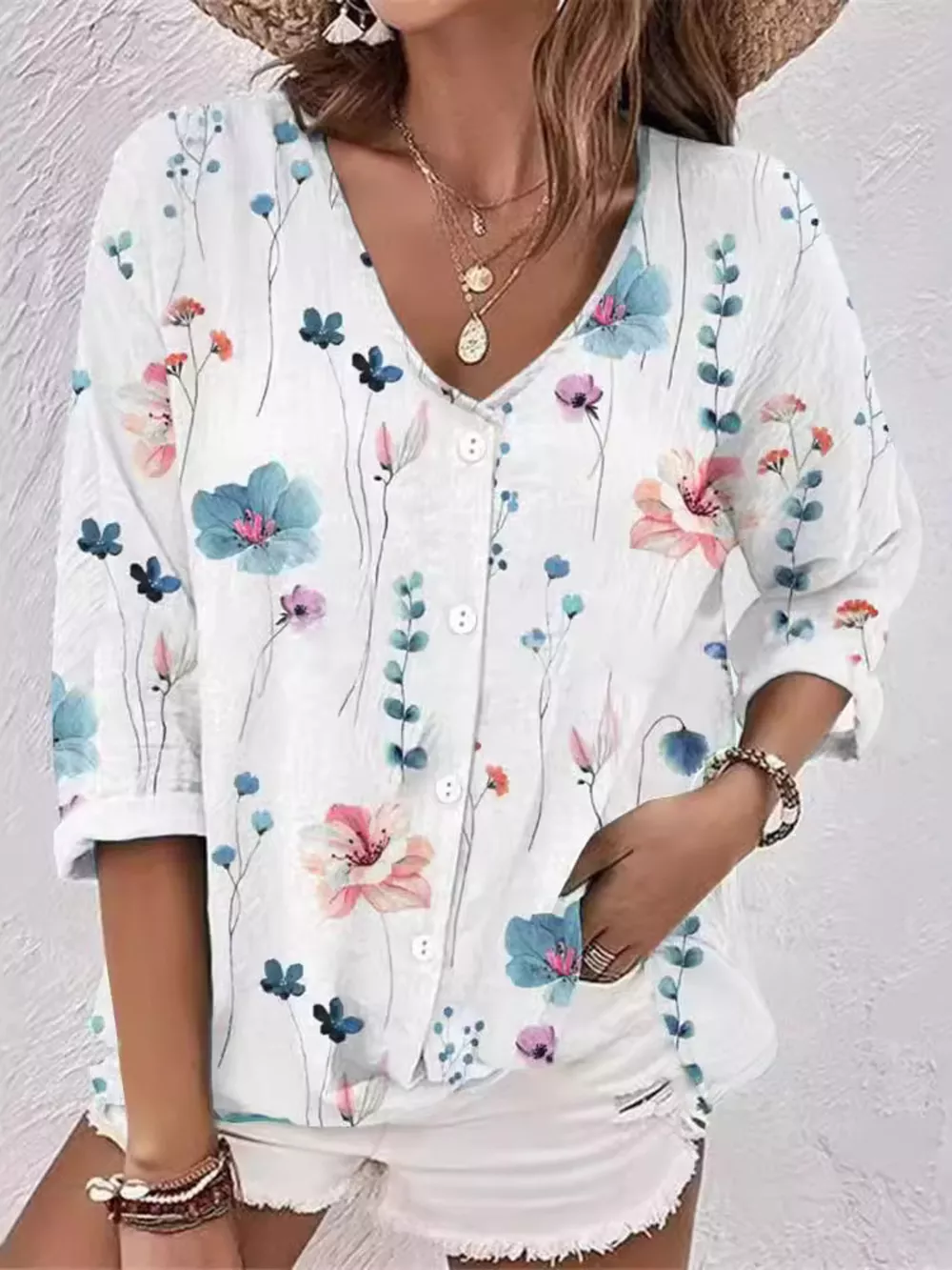 Floral Print V-Neck Button-Down Shirt, image 13