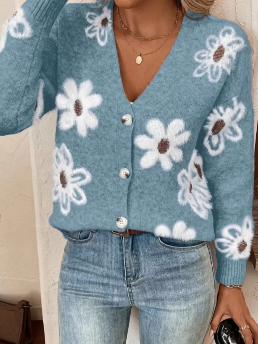 Floral Print Button-Up Knit Cardigan, image 8