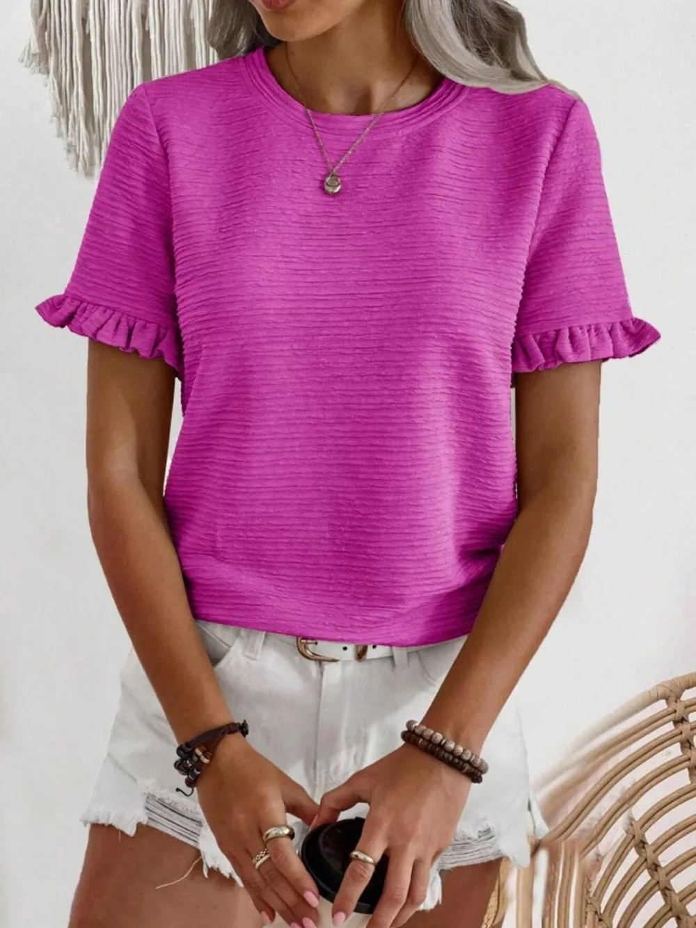 Textured Ruffle Sleeve Round Neck T-Shirt, image 2