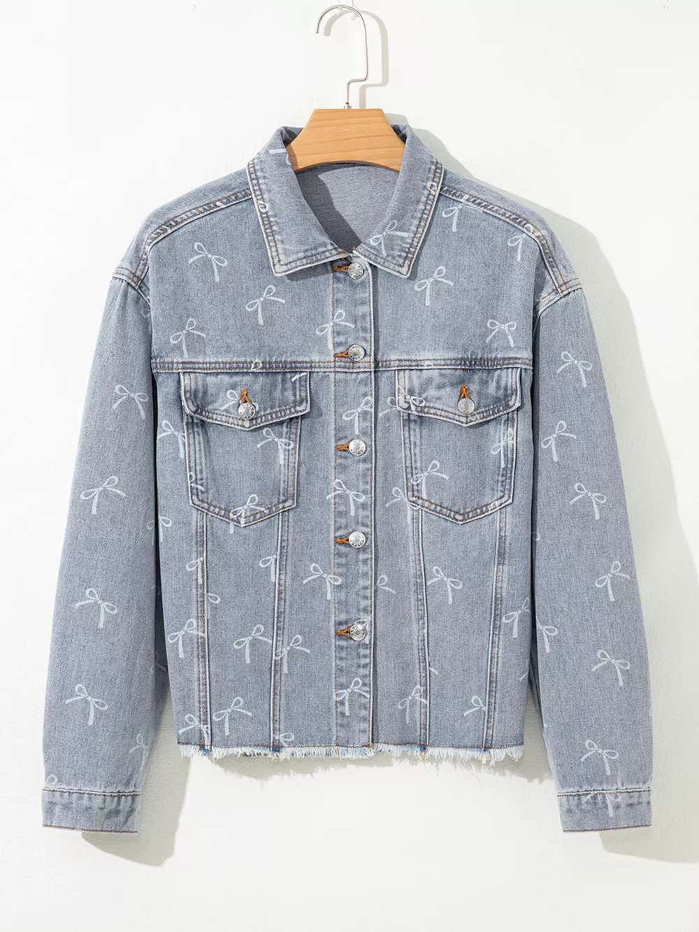 Bow Knot Print Light Wash Raw Hem Denim Jacket, image 5