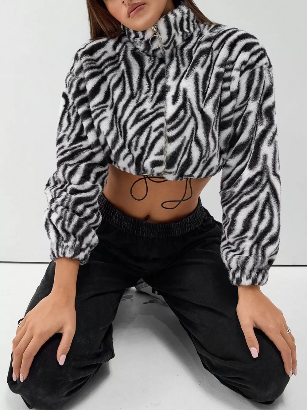 Zebra Print Plush Cropped Jacket, image 3