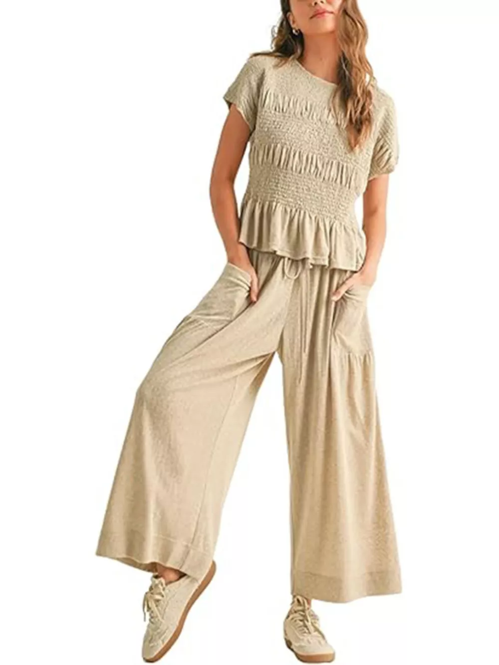 Smocked Peplum Top and Wide-Leg Pants Set, image 8