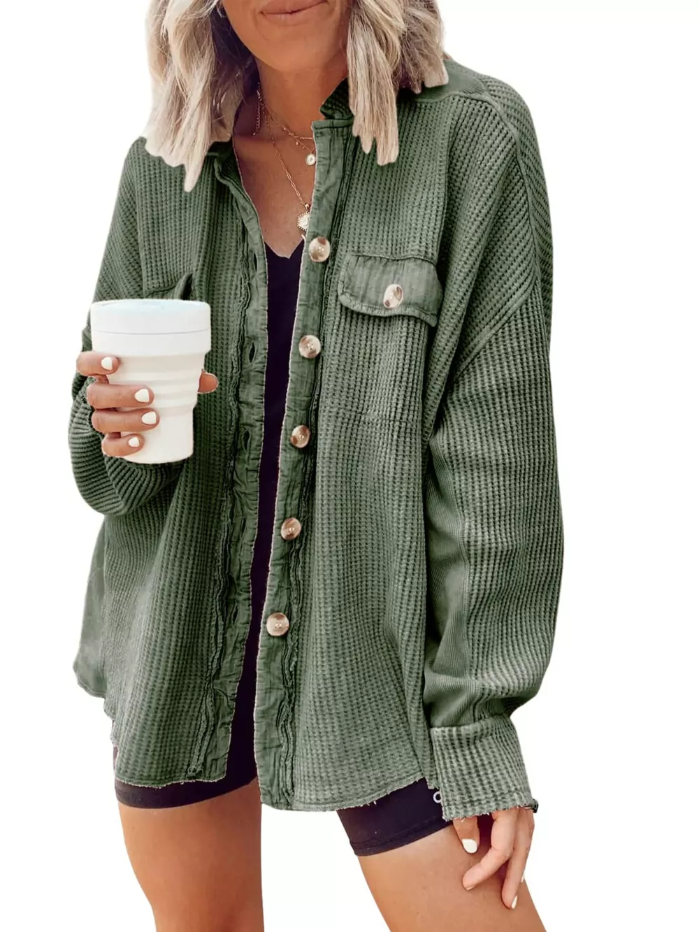 Oversized Waffle Knit Button-Up Jacket, image 9