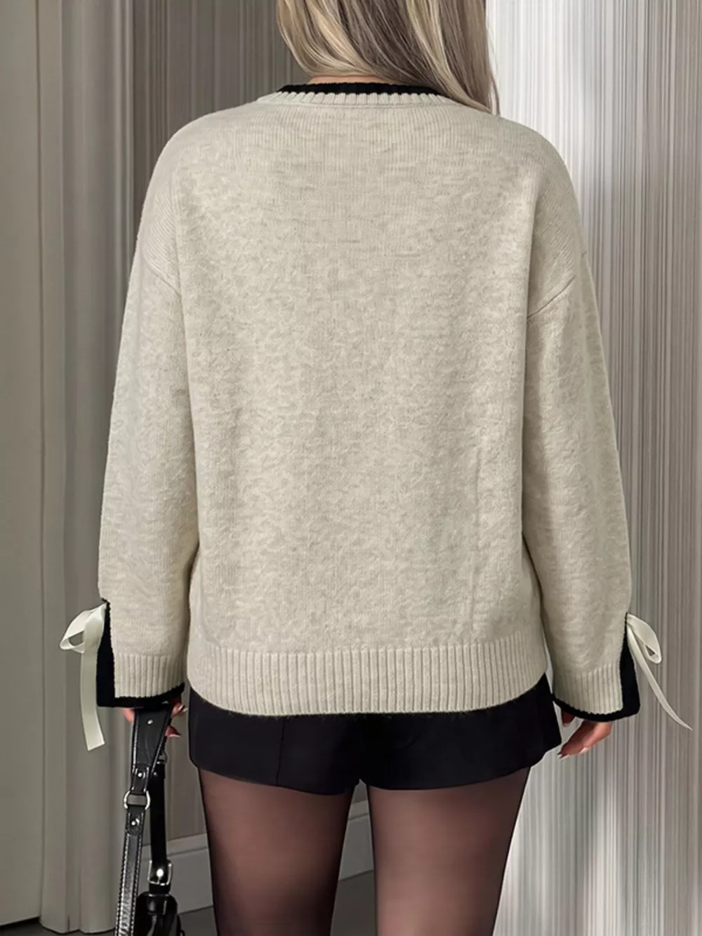 Contrast Trim Ribbed Cuff Tie-Sleeve Sweater, image 5