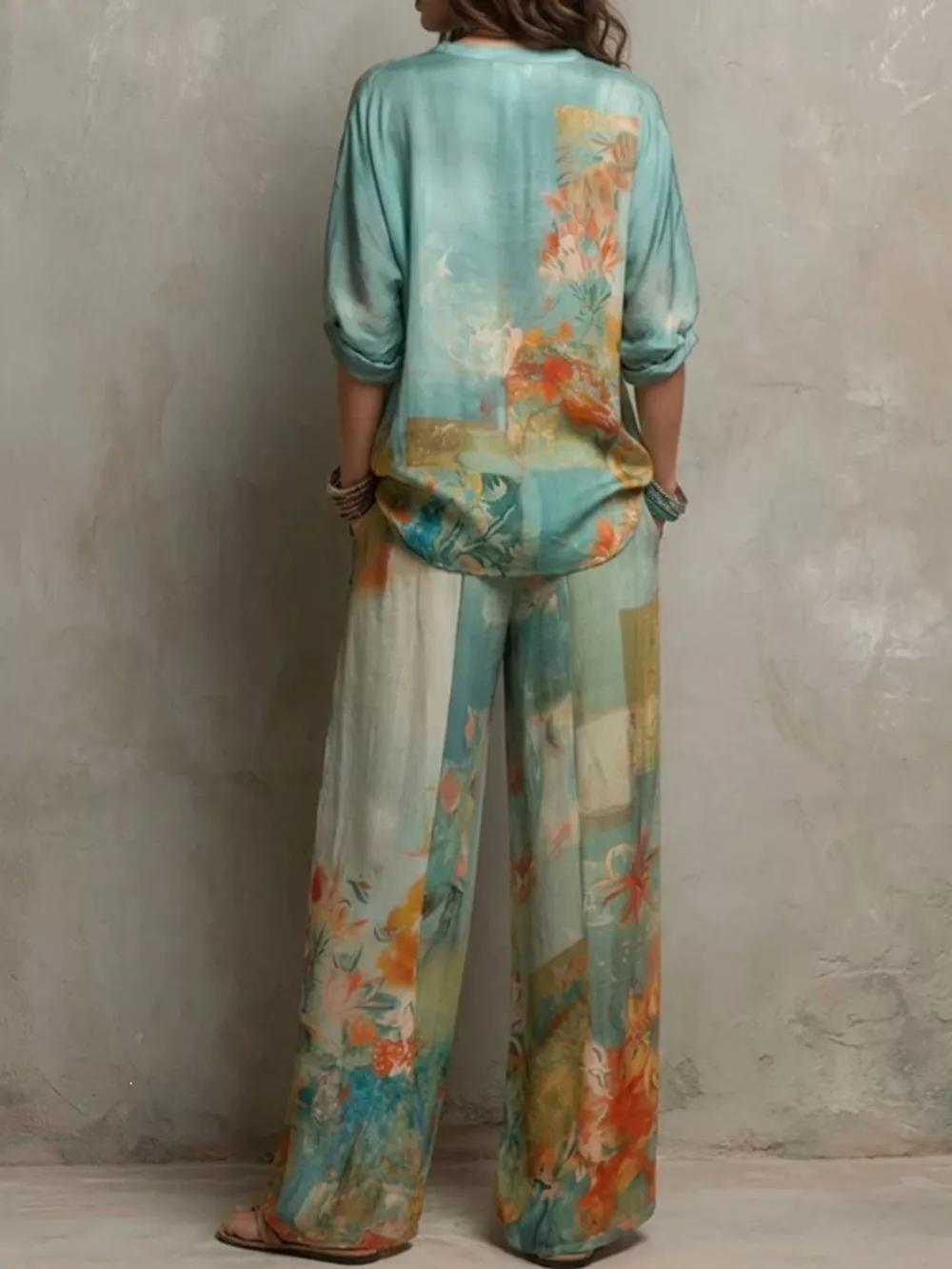 Full Size Floral Print Blouse and Wide-Leg Pants Set Plus Size, image 2