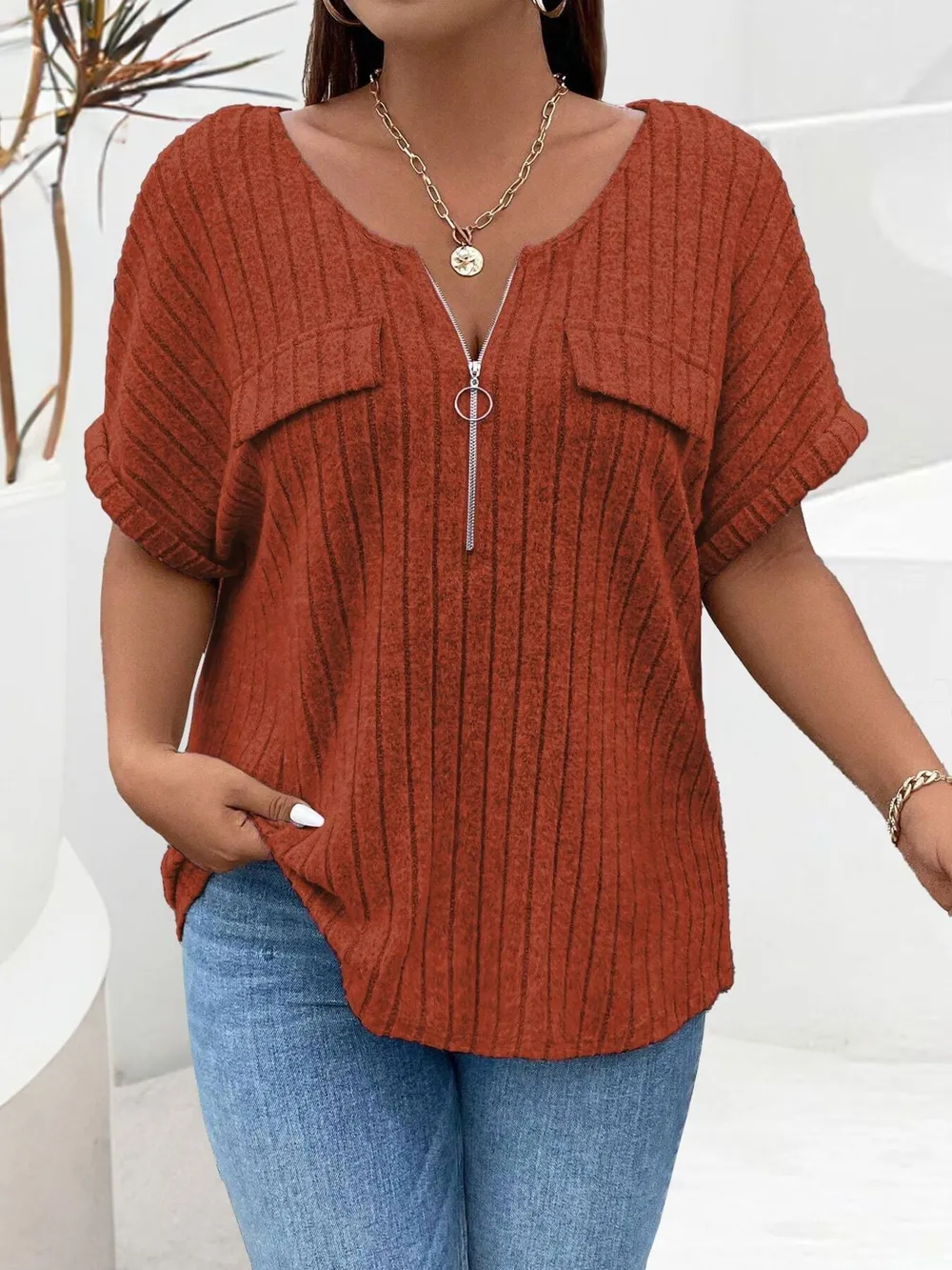 Plus Size Ribbed Half Zip Relaxed Fit T-Shirt, image 11