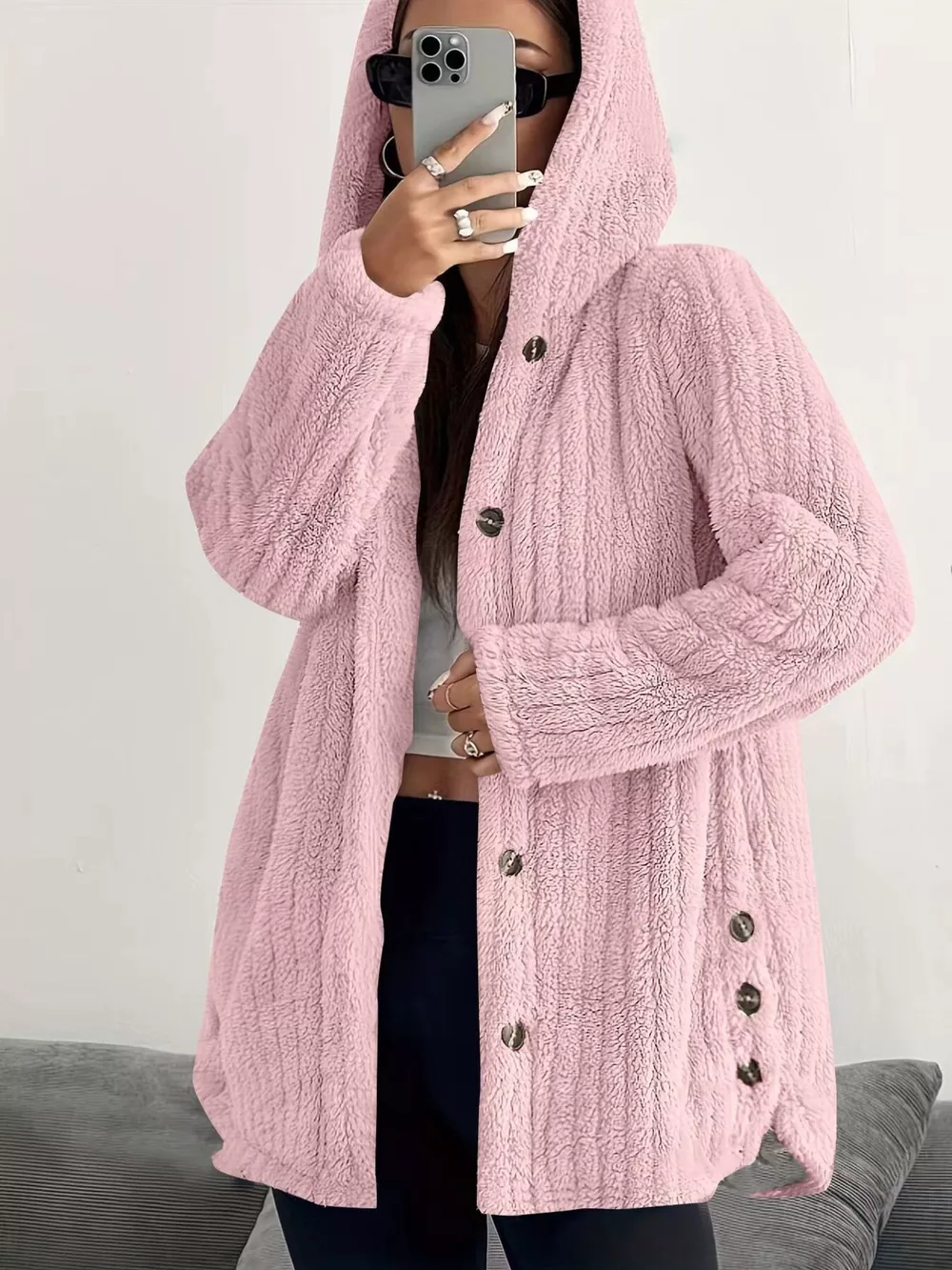 Full Size Fleece Button Up Hooded Outerwear Plus Size, image 14