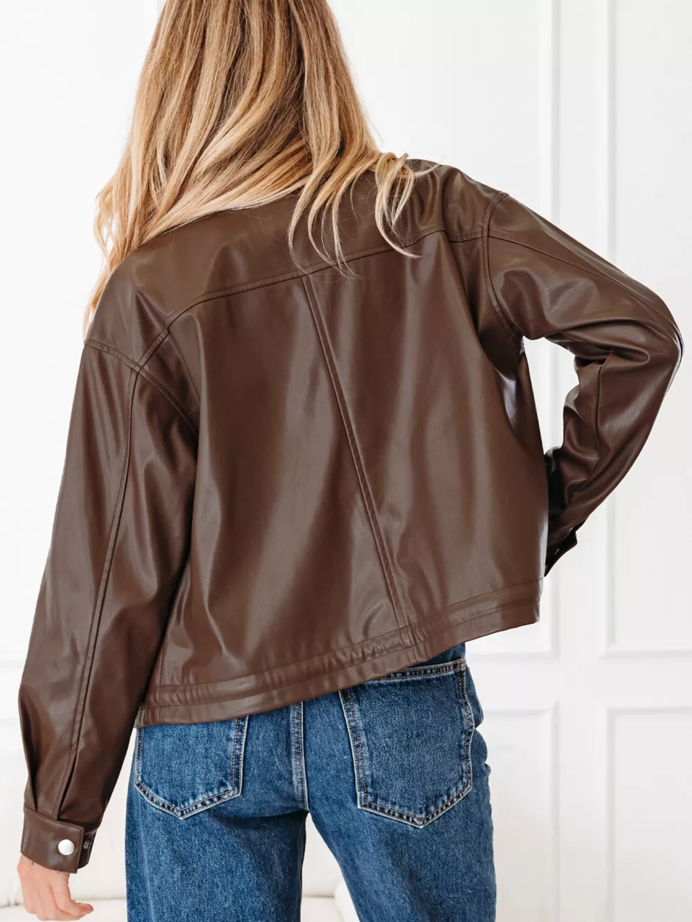 Double Flap Pocket Drawstring Hem Leather Jacket, image 3