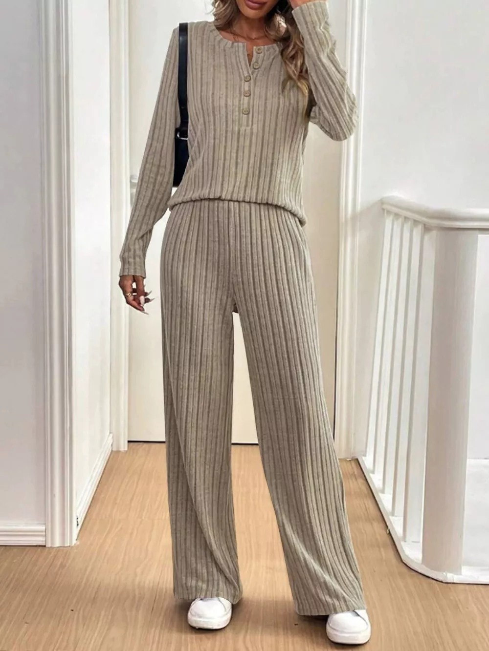 Plus Size Ribbed Knit Button-Front Top and Pants Set, image 7
