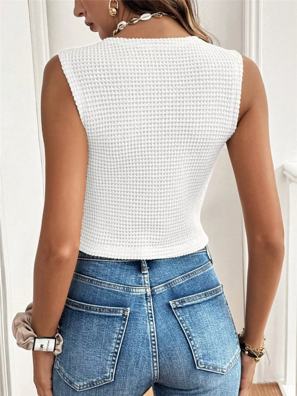 Textured Button-Front Sleeveless Vest Top, image 5