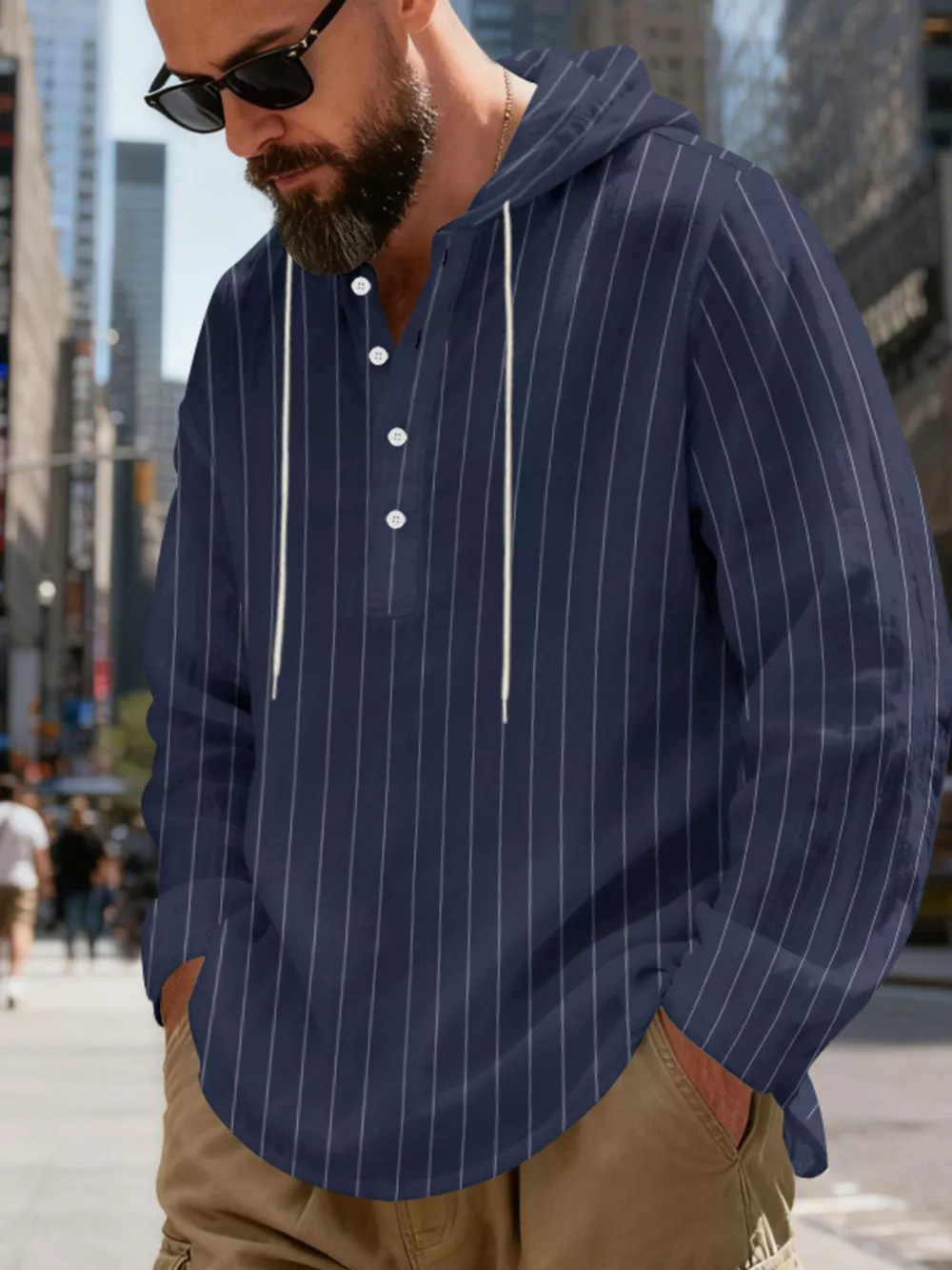 Men's Full Size Casual Striped Henley Hoodie with Drawstring Plus Size, image 21