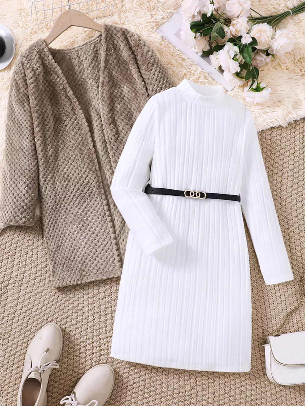 Children's Textured Sweater Dress and Open Front Cardigan Set, image 2