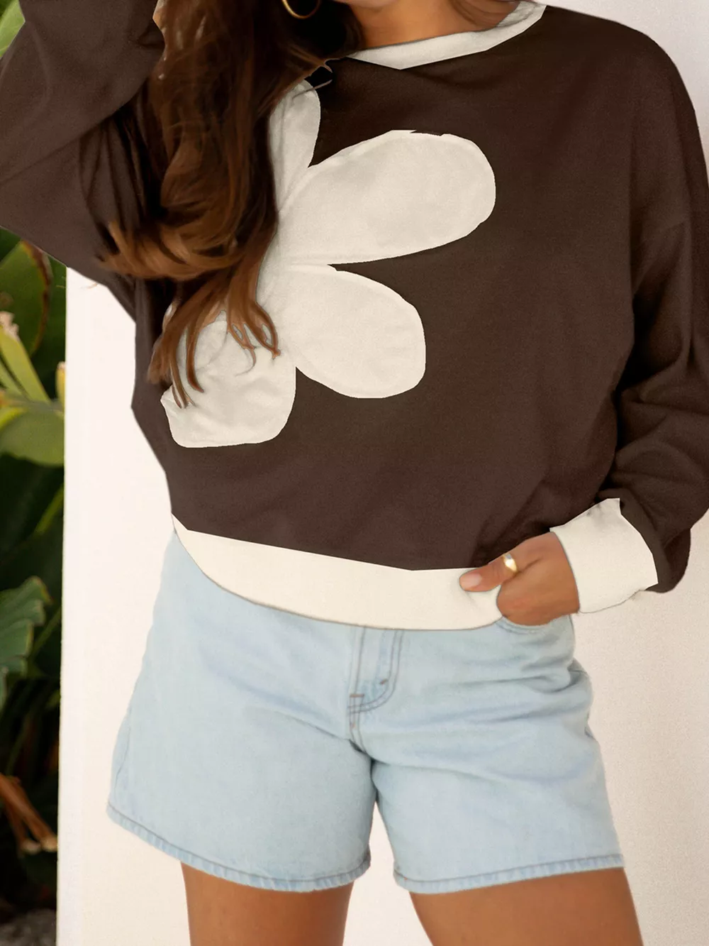 Raw Edge Flower Patch Drop Shoulder Casual Top, image 18