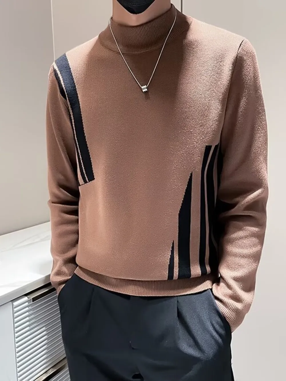 Men's Plus Size Striped Pattern Turtleneck Pullover, image 4