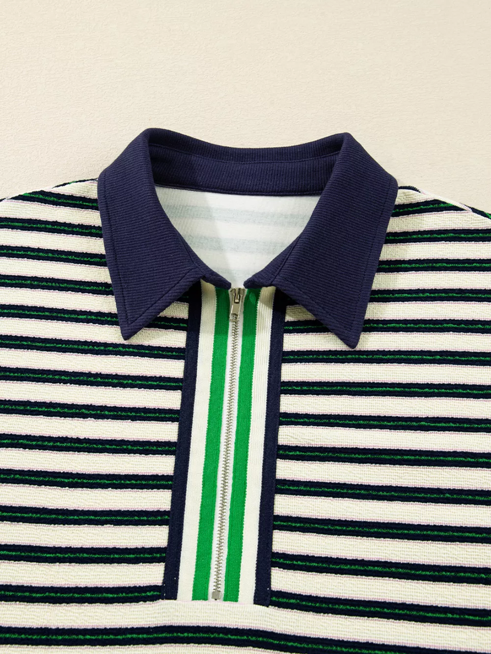 Striped Print Contrast Collar Zip V Neck Long Sleeve Top, image 3