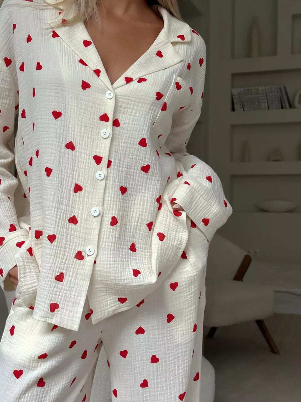Heart Print Button Up Top and Pants Lounge Set, image 3