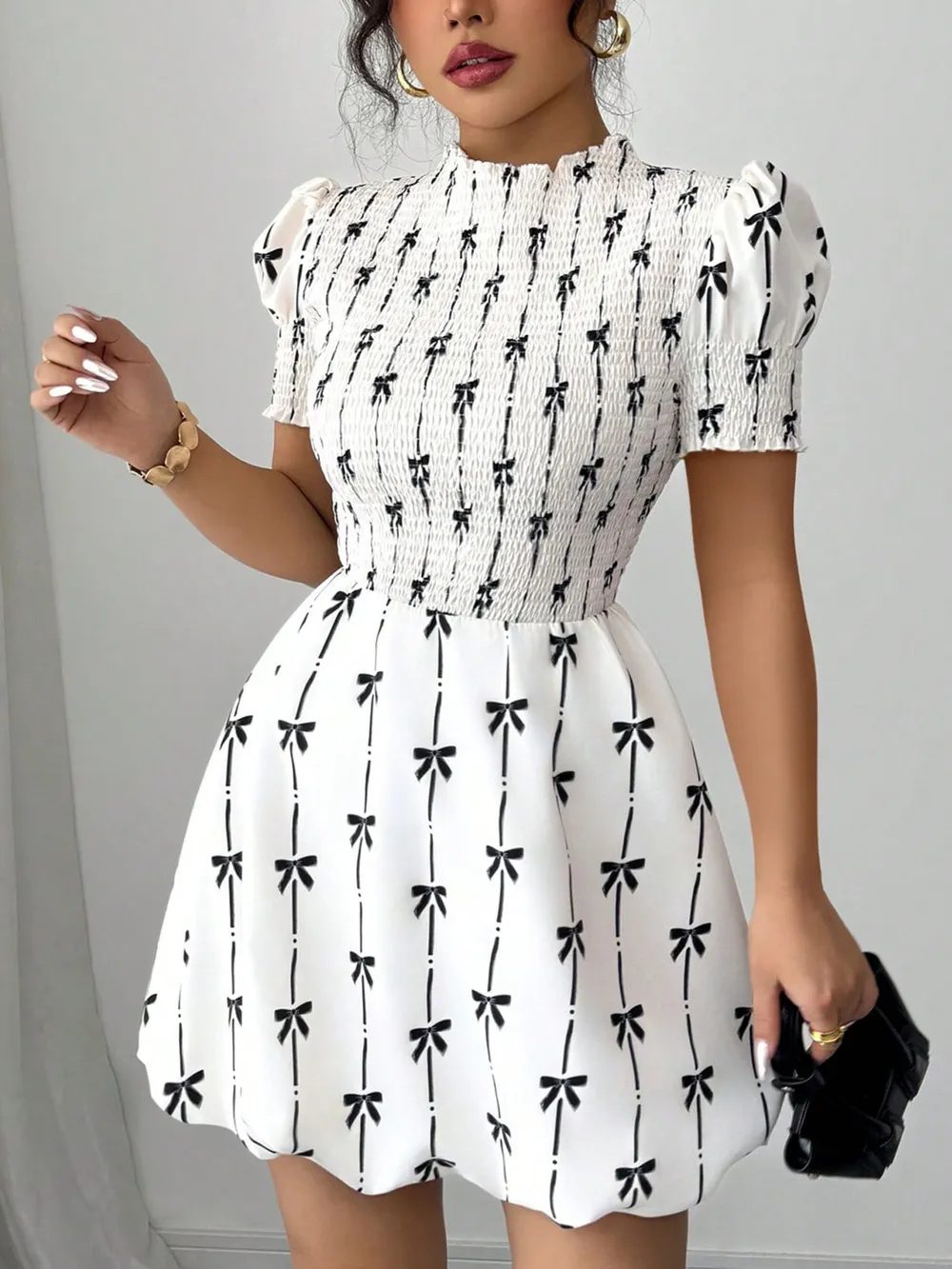 Smocked Bow Print Short Sleeve Dress, image 3